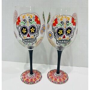 Sugar Skull Wine Glasses Day of the Dead 18 Ounce Collector’s Find